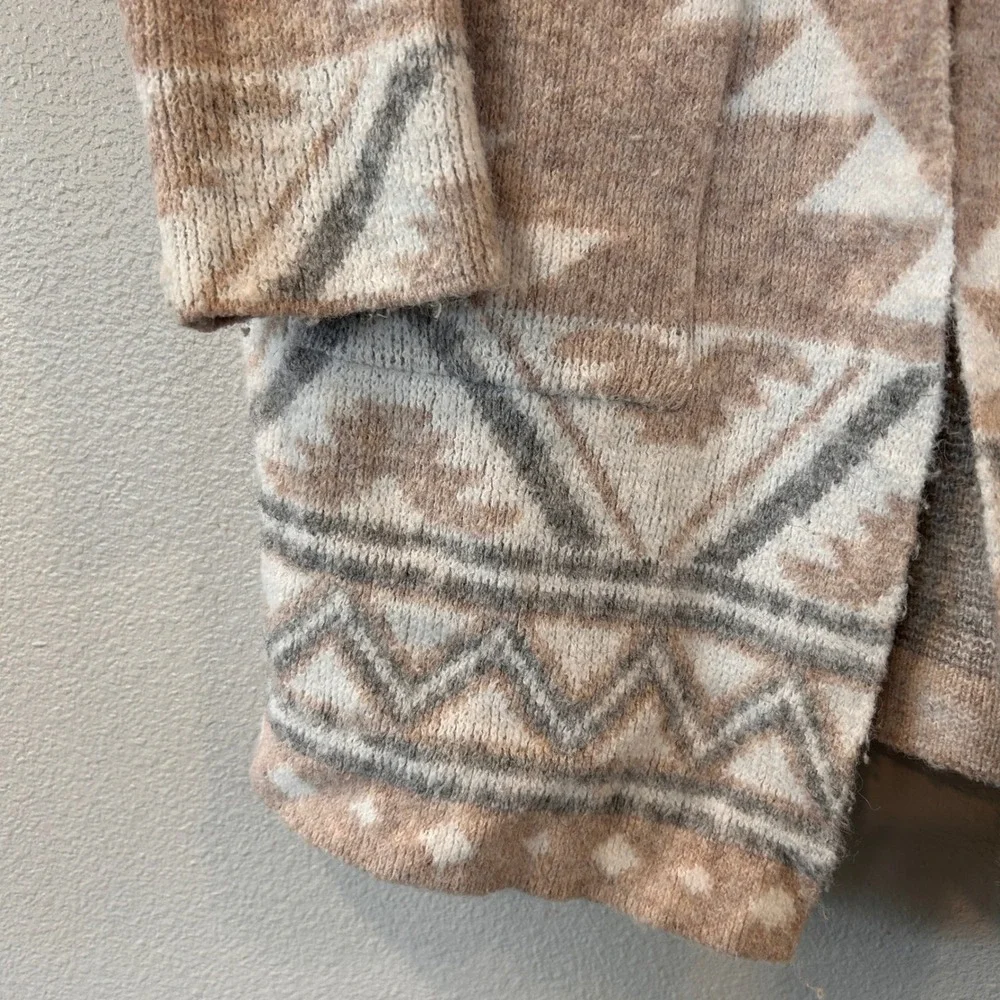 Frye The Cozy Cardigan Open Front Sweater Tan White Southwest Women's Size Small